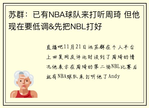 苏群:已有NBA球队来打听周琦 但他现在要低调&先把NBL打好